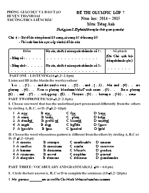 Đề thi Olympic môn Tiếng Anh Lớp 7 - Năm học 2014-2015 - Trường THCS Liên Châu (Có đáp án)